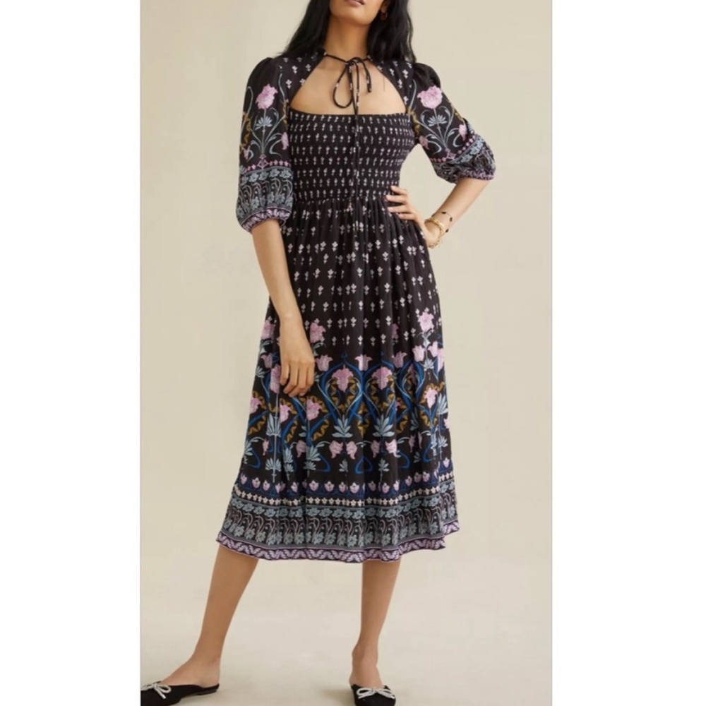 Anthropologie Dasha Smocked Floral Print Midi Dress in Black Medium Petite